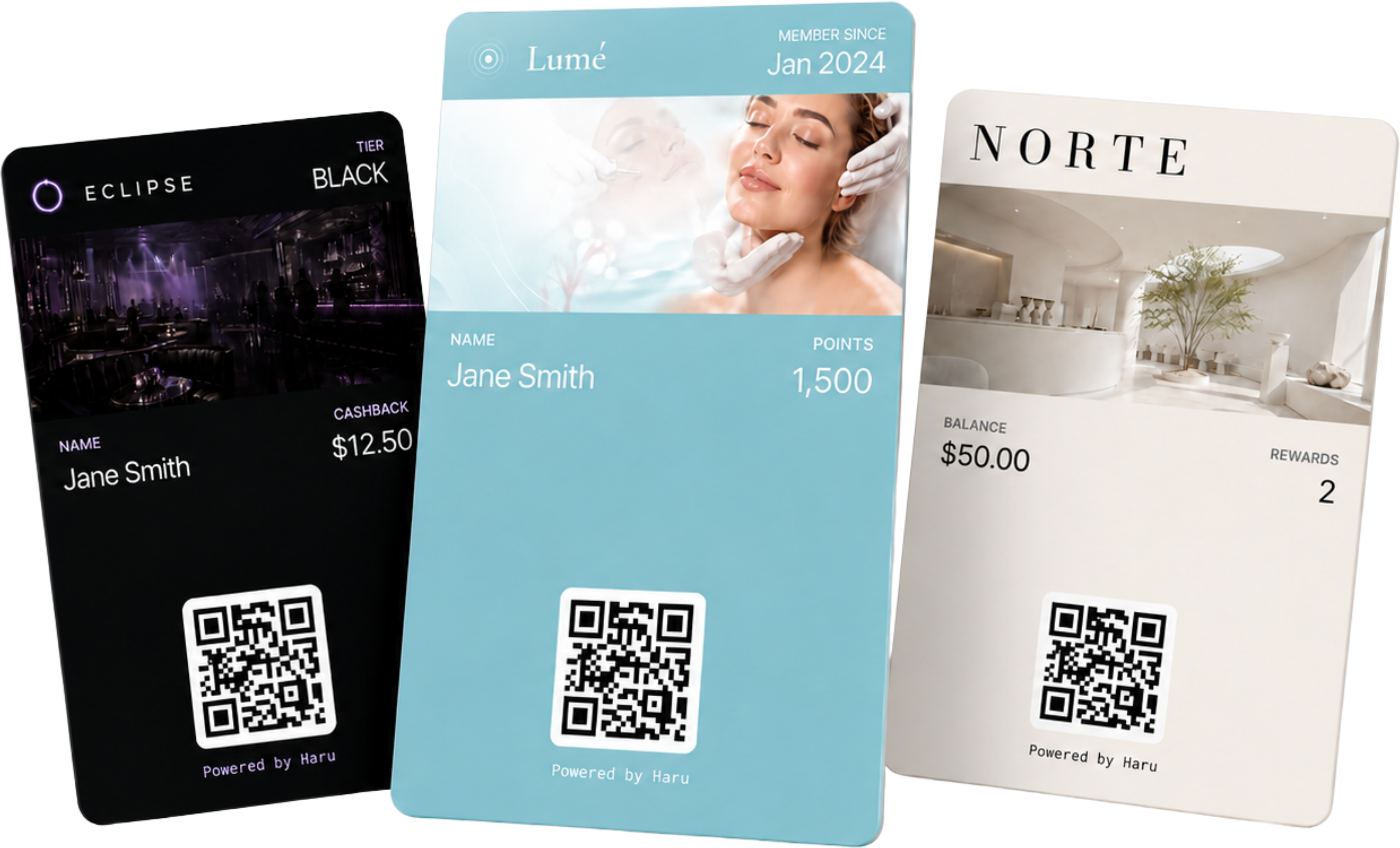 Three Haru loyalty passes — Eclipse, Lumé and Norte — in Apple Wallet